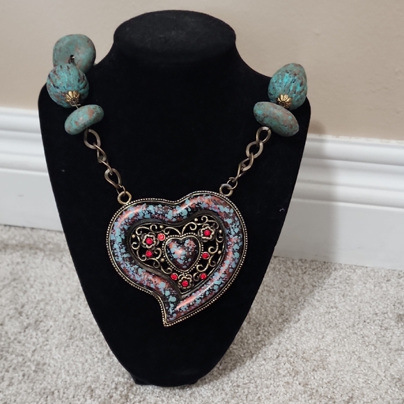 Unique Vintage Jewelry - Heart Pendant Necklace with Turquoise and Pink Accents